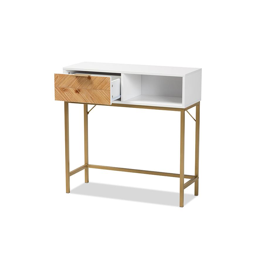 Two-Tone Oak Brown and White Finished Wood and Gold Metal 1-Drawer Console Table. Picture 2