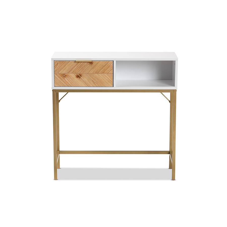 Two-Tone Oak Brown and White Finished Wood and Gold Metal 1-Drawer Console Table. Picture 3