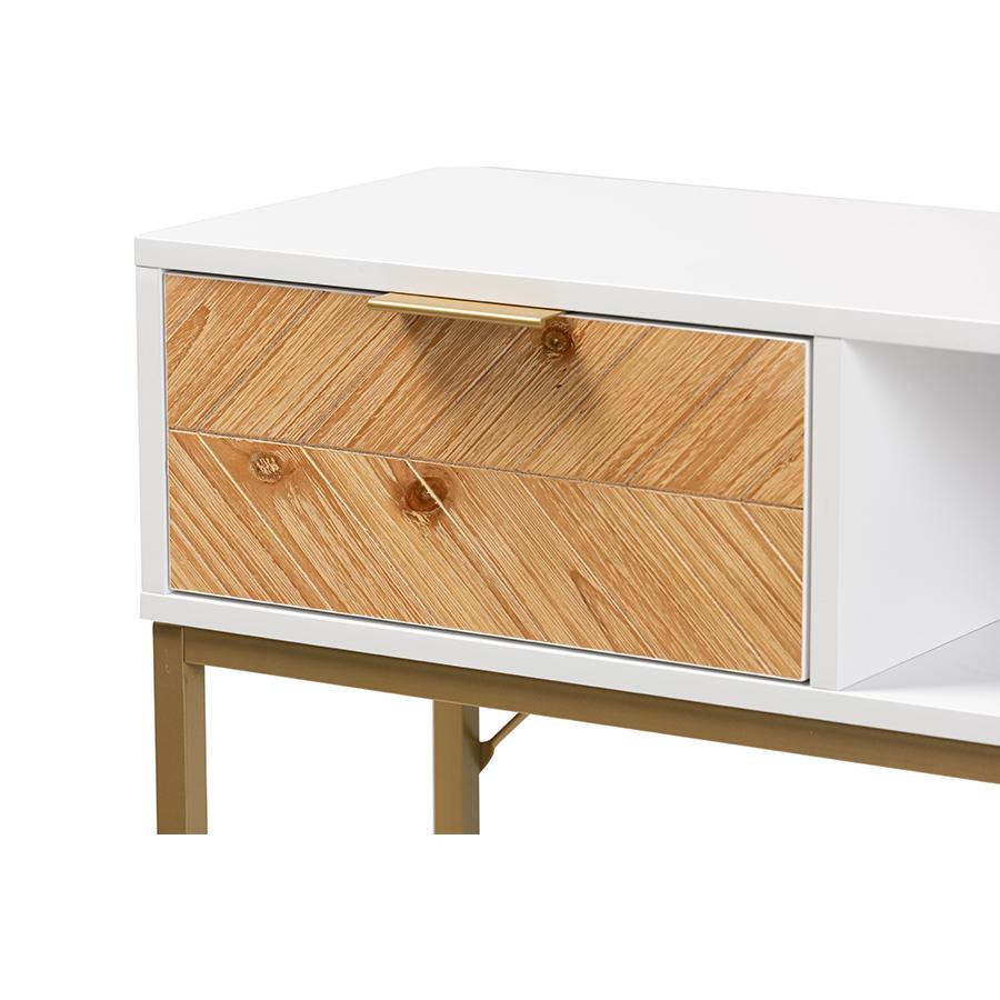 Two-Tone Oak Brown and White Finished Wood and Gold Metal 1-Drawer Console Table. Picture 5