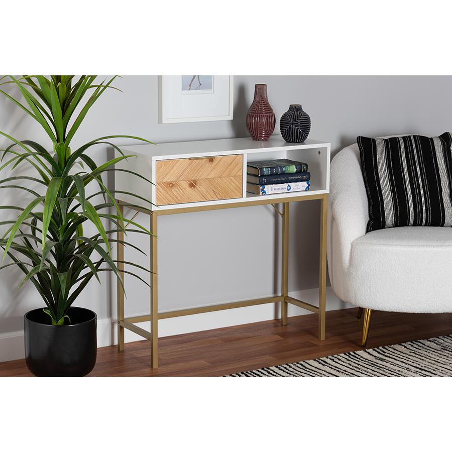 Two-Tone Oak Brown and White Finished Wood and Gold Metal 1-Drawer Console Table. Picture 8