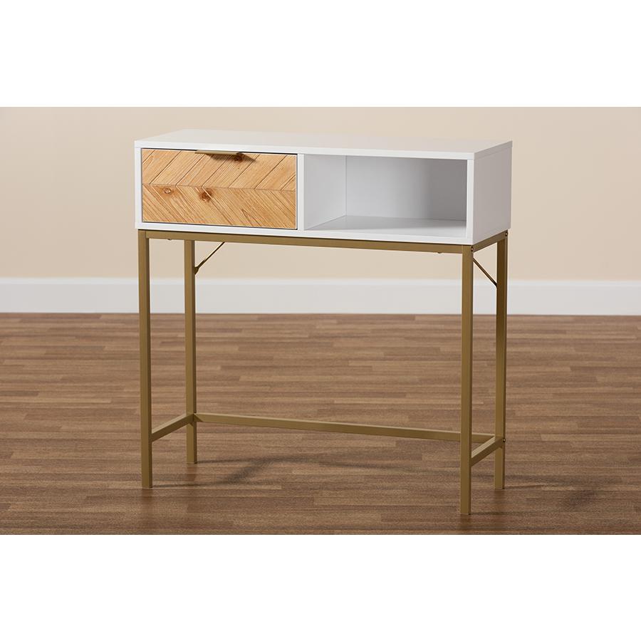 Two-Tone Oak Brown and White Finished Wood and Gold Metal 1-Drawer Console Table. Picture 9