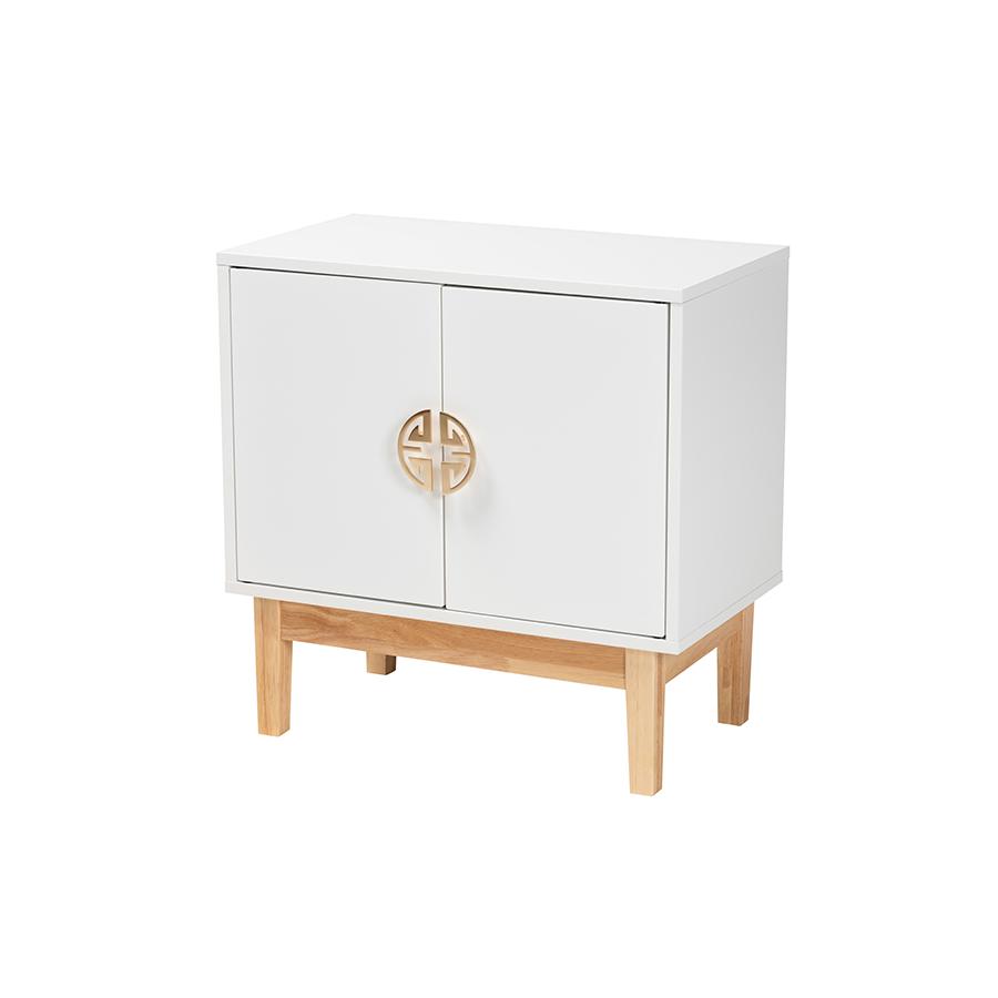 Two-Tone White and Oak Brown Finished Wood and Gold Metal 2-Door Storage Cabinet. Picture 1
