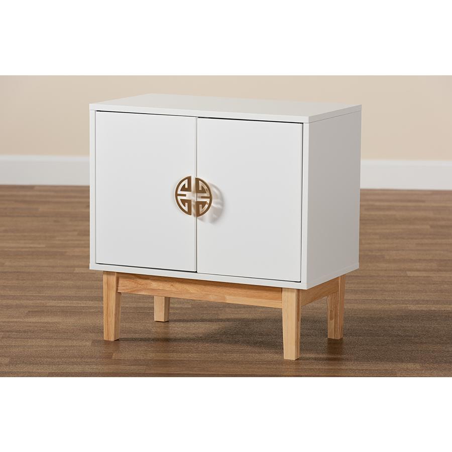 Two-Tone White and Oak Brown Finished Wood and Gold Metal 2-Door Storage Cabinet. Picture 9