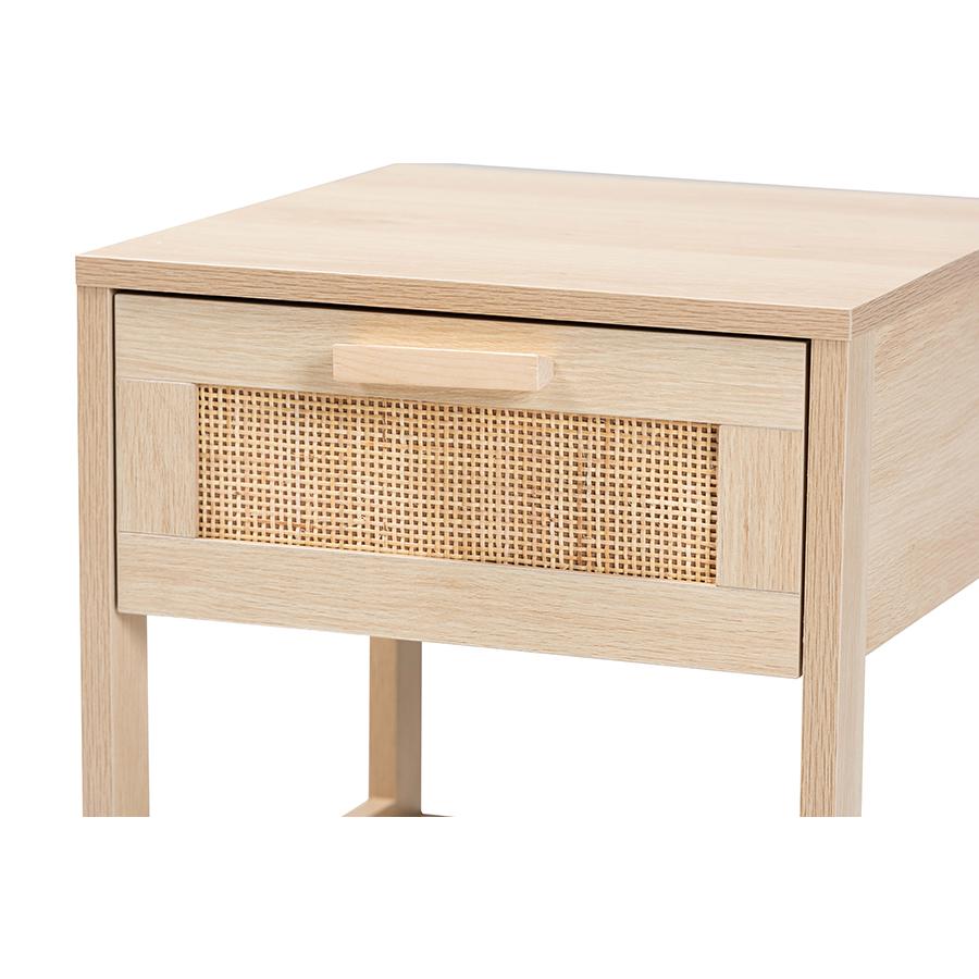Baxton Studio Sebille Mid-Century Modern Light Brown Finished Wood 1-Drawer Nightstand with Natural Rattan. Picture 5