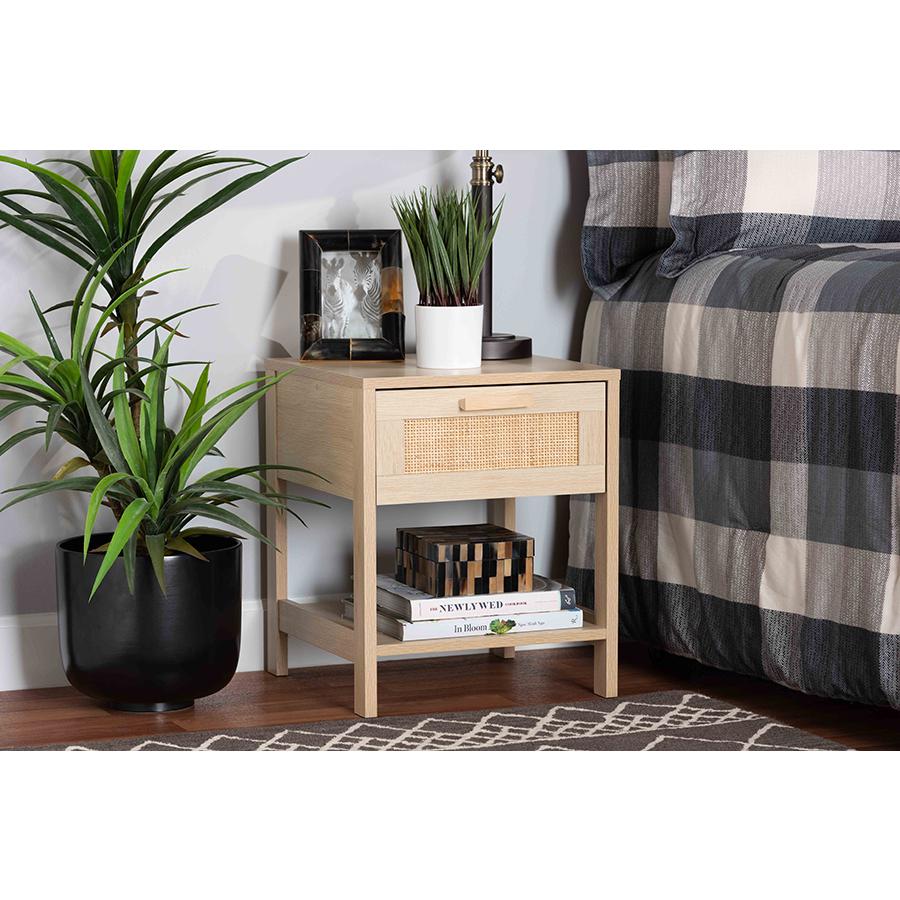 Baxton Studio Sebille Mid-Century Modern Light Brown Finished Wood 1-Drawer Nightstand with Natural Rattan. Picture 8