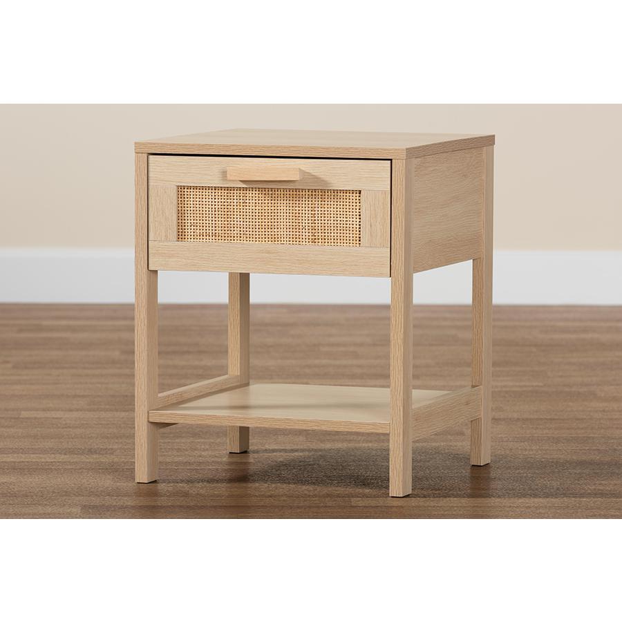 Baxton Studio Sebille Mid-Century Modern Light Brown Finished Wood 1-Drawer Nightstand with Natural Rattan. Picture 9