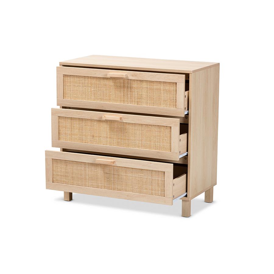 Baxton Studio Sebille Mid-Century Modern Light Brown Finished Wood 3-Drawer Storage Chest with Natural Rattan. Picture 2
