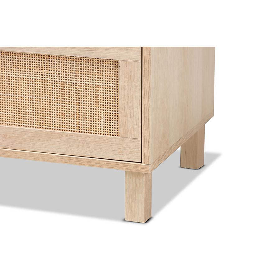 Baxton Studio Sebille Mid-Century Modern Light Brown Finished Wood 3-Drawer Storage Chest with Natural Rattan. Picture 6