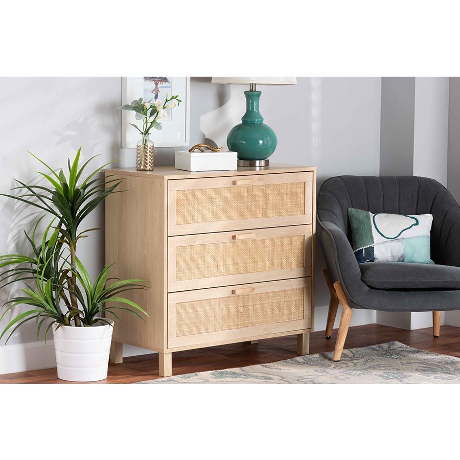 Baxton Studio Sebille Mid-Century Modern Light Brown Finished Wood 3-Drawer Storage Chest with Natural Rattan. Picture 8