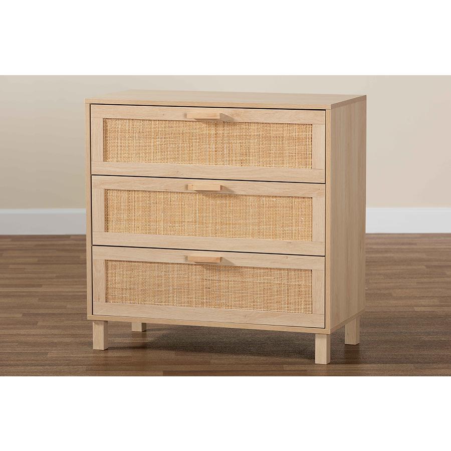 Baxton Studio Sebille Mid-Century Modern Light Brown Finished Wood 3-Drawer Storage Chest with Natural Rattan. Picture 9