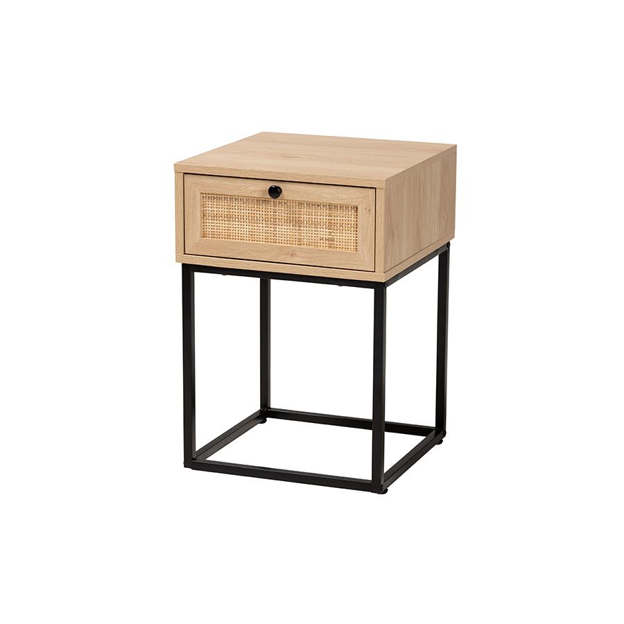 Baxton Studio Amelia Mid-Century Modern Transitional Natural Brown Finished Wood and Natural Rattan 1-Drawer Nightstand. Picture 1