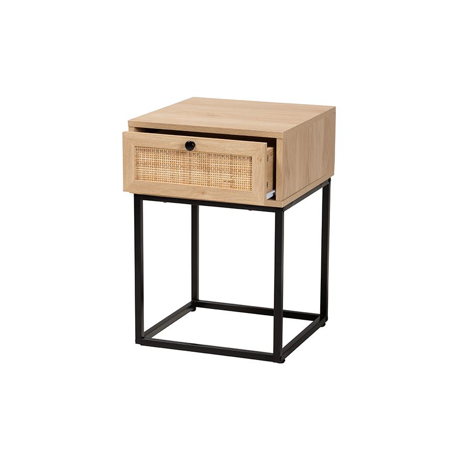 Baxton Studio Amelia Mid-Century Modern Transitional Natural Brown Finished Wood and Natural Rattan 1-Drawer Nightstand. Picture 2