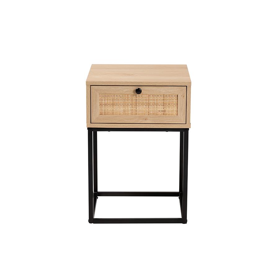 Baxton Studio Amelia Mid-Century Modern Transitional Natural Brown Finished Wood and Natural Rattan 1-Drawer Nightstand. Picture 3