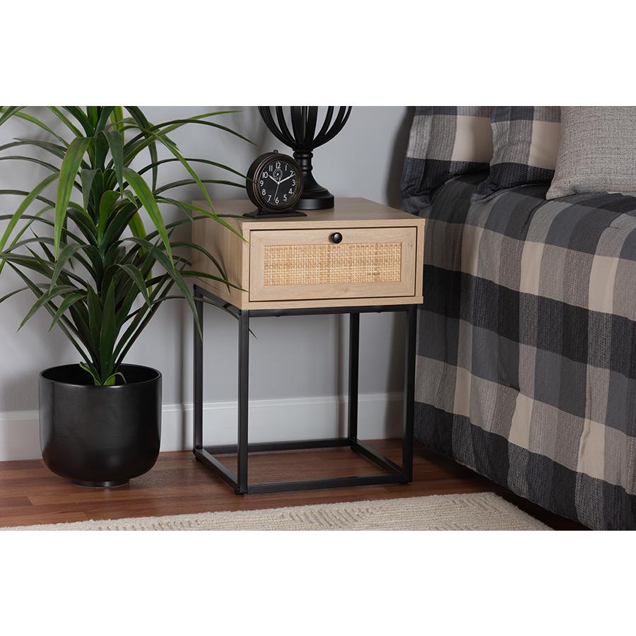Baxton Studio Amelia Mid-Century Modern Transitional Natural Brown Finished Wood and Natural Rattan 1-Drawer Nightstand. Picture 8