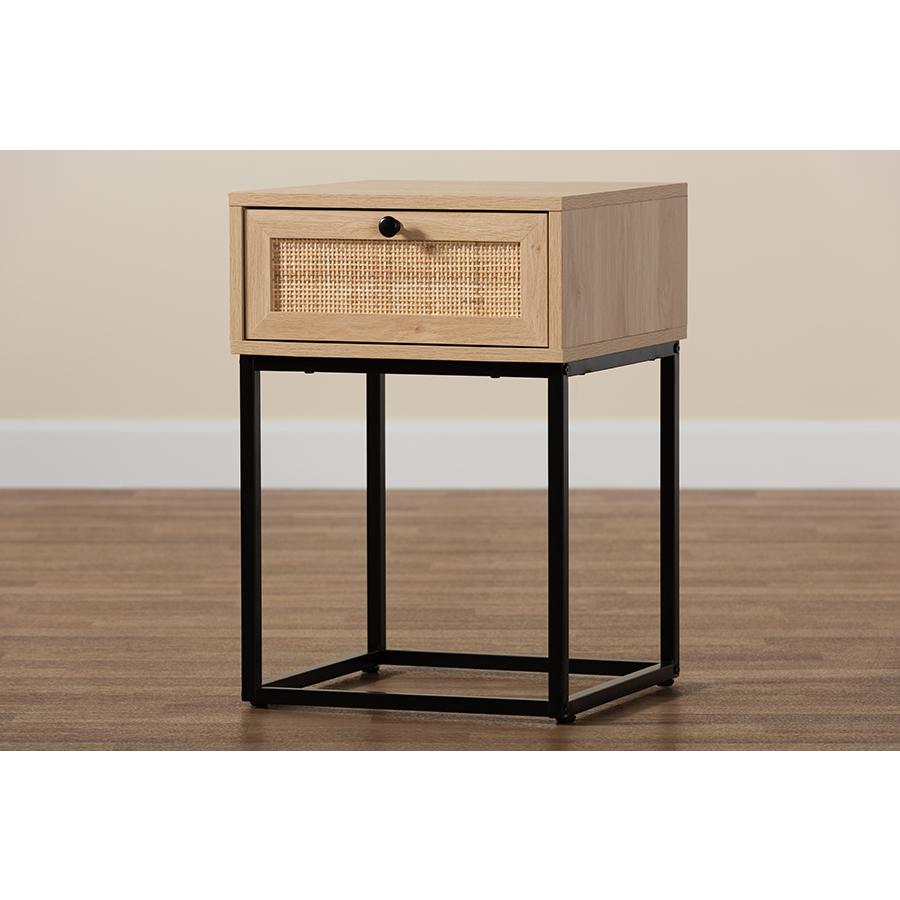 Baxton Studio Amelia Mid-Century Modern Transitional Natural Brown Finished Wood and Natural Rattan 1-Drawer Nightstand. Picture 9