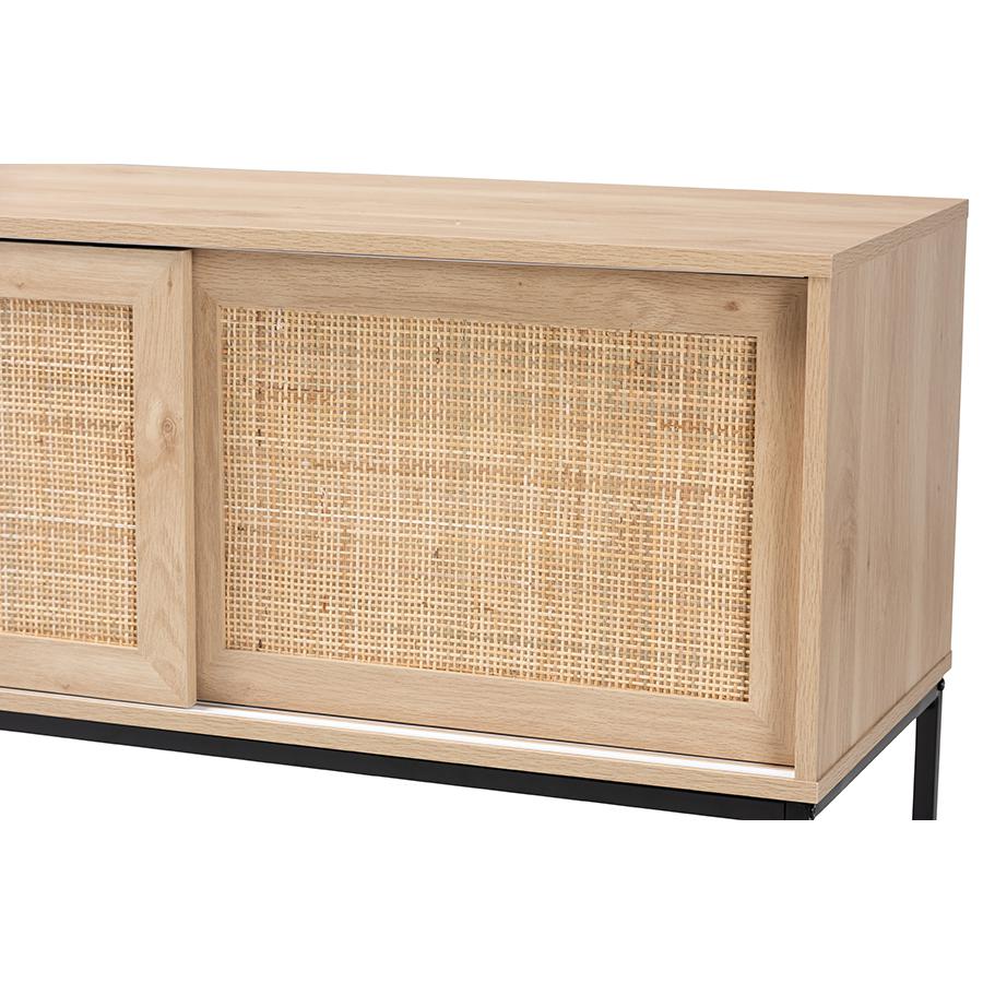 Transitional Natural Brown Finished Wood and Natural Rattan Sideboard Buffet. Picture 5