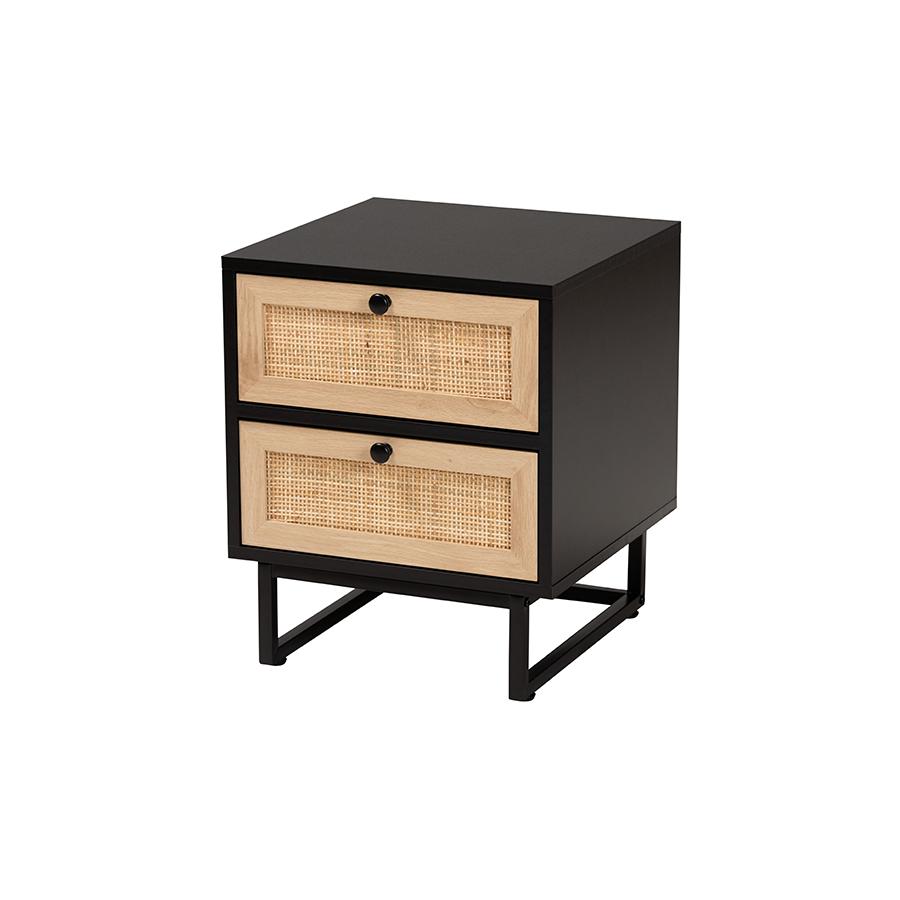 Baxton Studio Declan Mid-Century Modern Espresso Brown Finished Wood and Natural Rattan 2-Drawer Nightstand. Picture 1