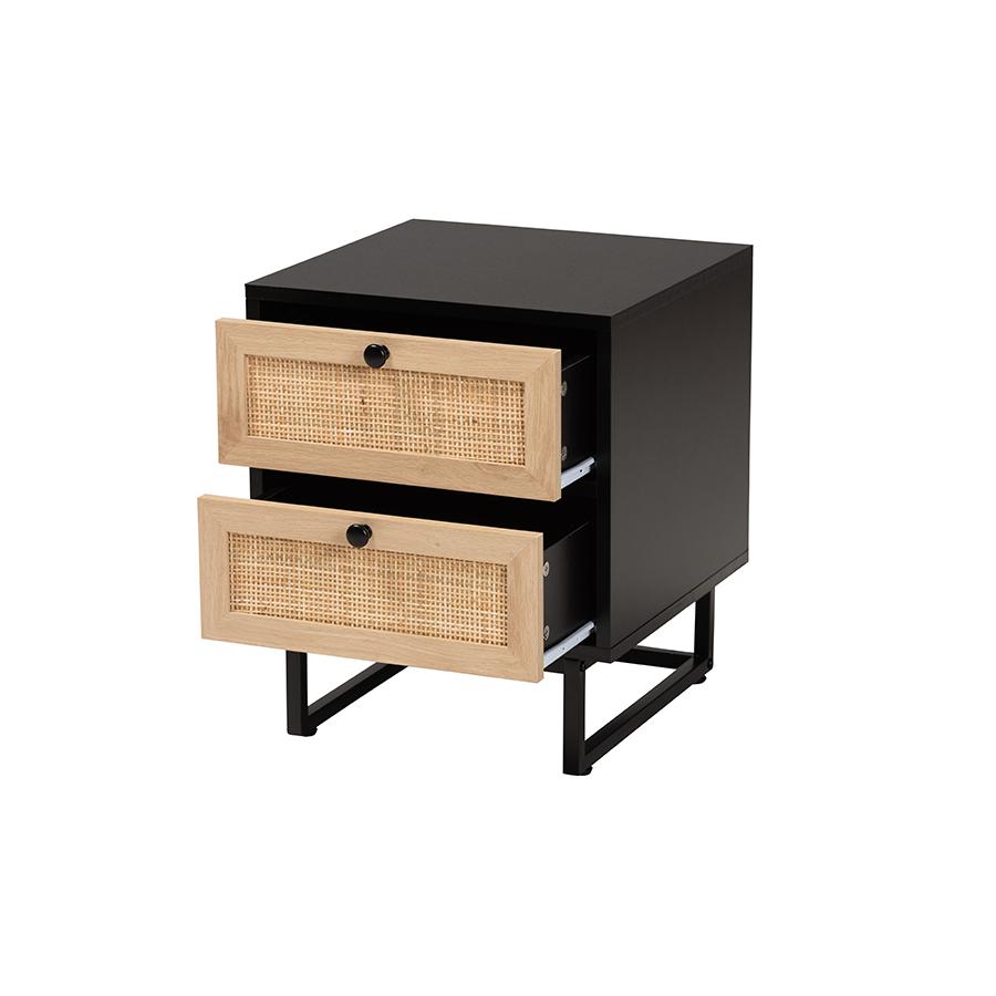 Baxton Studio Declan Mid-Century Modern Espresso Brown Finished Wood and Natural Rattan 2-Drawer Nightstand. Picture 2