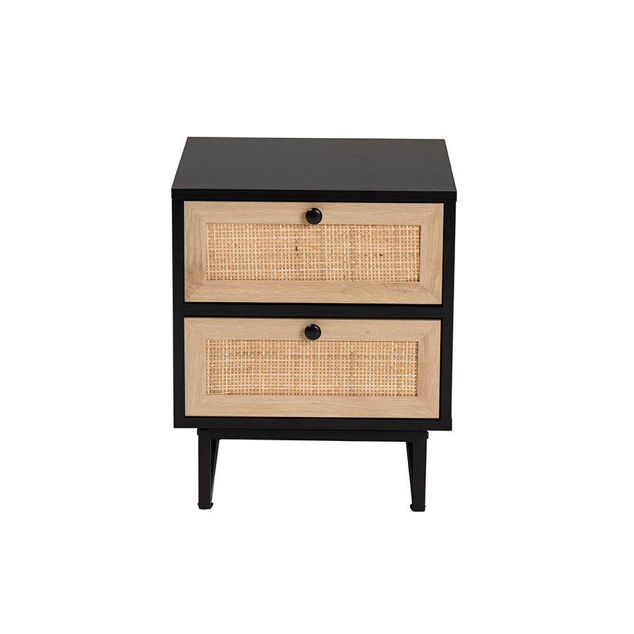 Baxton Studio Declan Mid-Century Modern Espresso Brown Finished Wood and Natural Rattan 2-Drawer Nightstand. Picture 3