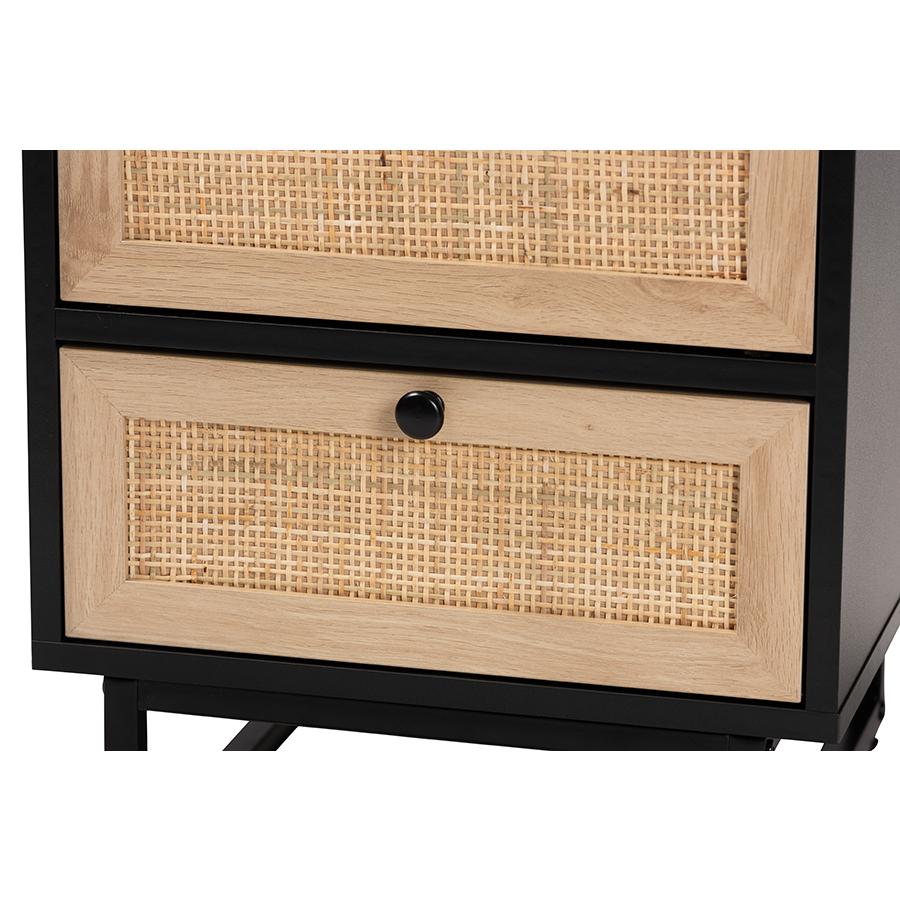Baxton Studio Declan Mid-Century Modern Espresso Brown Finished Wood and Natural Rattan 2-Drawer Nightstand. Picture 5