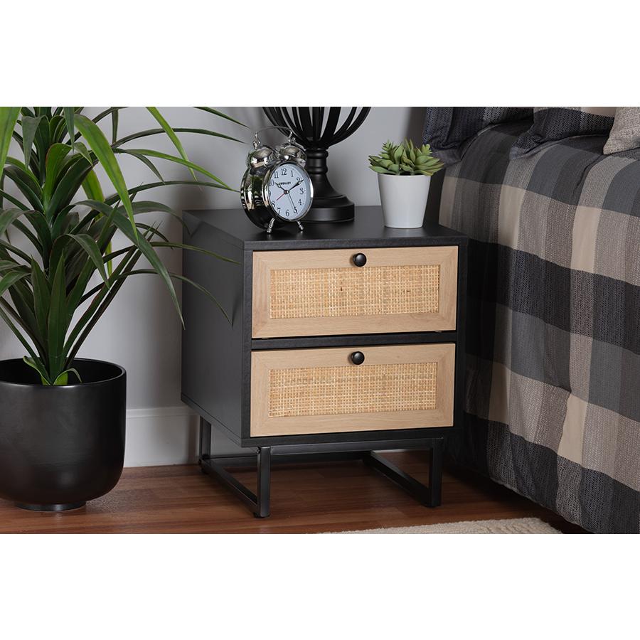 Baxton Studio Declan Mid-Century Modern Espresso Brown Finished Wood and Natural Rattan 2-Drawer Nightstand. Picture 8