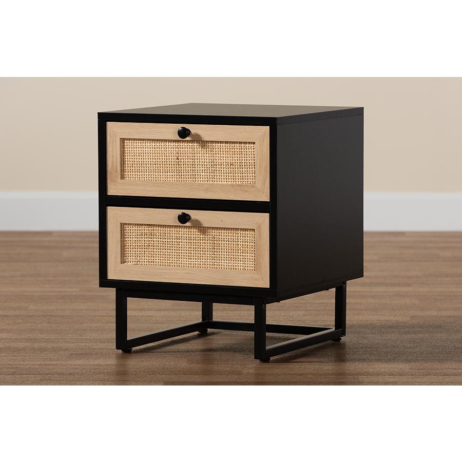 Baxton Studio Declan Mid-Century Modern Espresso Brown Finished Wood and Natural Rattan 2-Drawer Nightstand. Picture 9