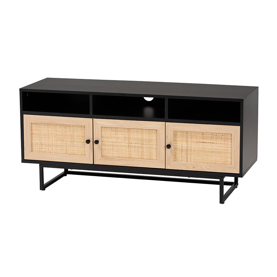 Espresso Brown Finished Wood and Natural Rattan 3-Door TV Stand. Picture 1