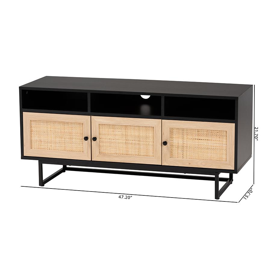Espresso Brown Finished Wood and Natural Rattan 3-Door TV Stand. Picture 10