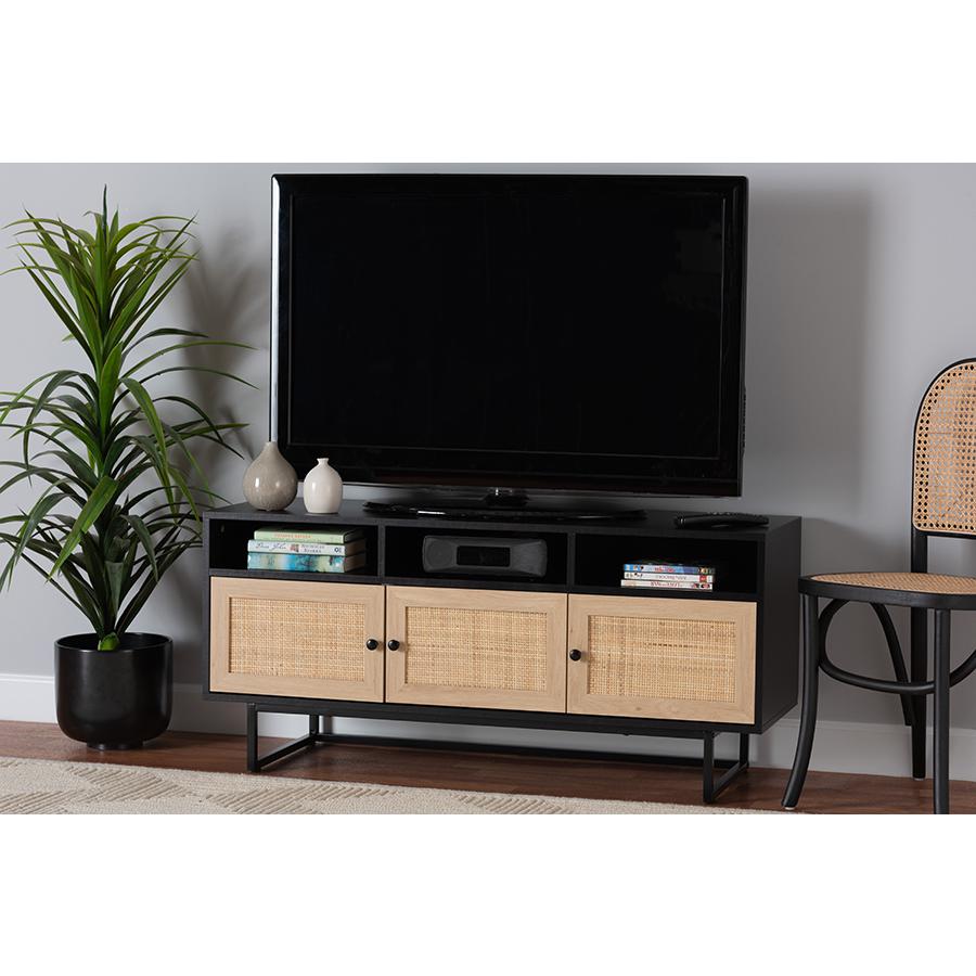 Espresso Brown Finished Wood and Natural Rattan 3-Door TV Stand. Picture 8