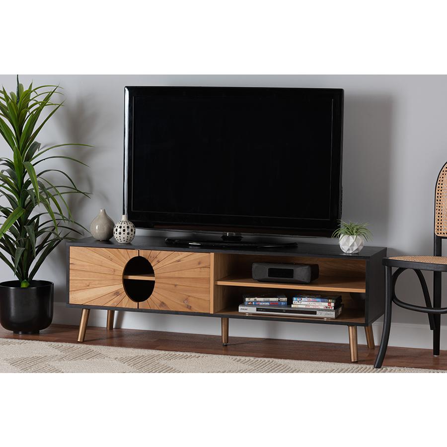 Two-Tone Dark and Natural Brown Finished Wood TV Stand. Picture 8