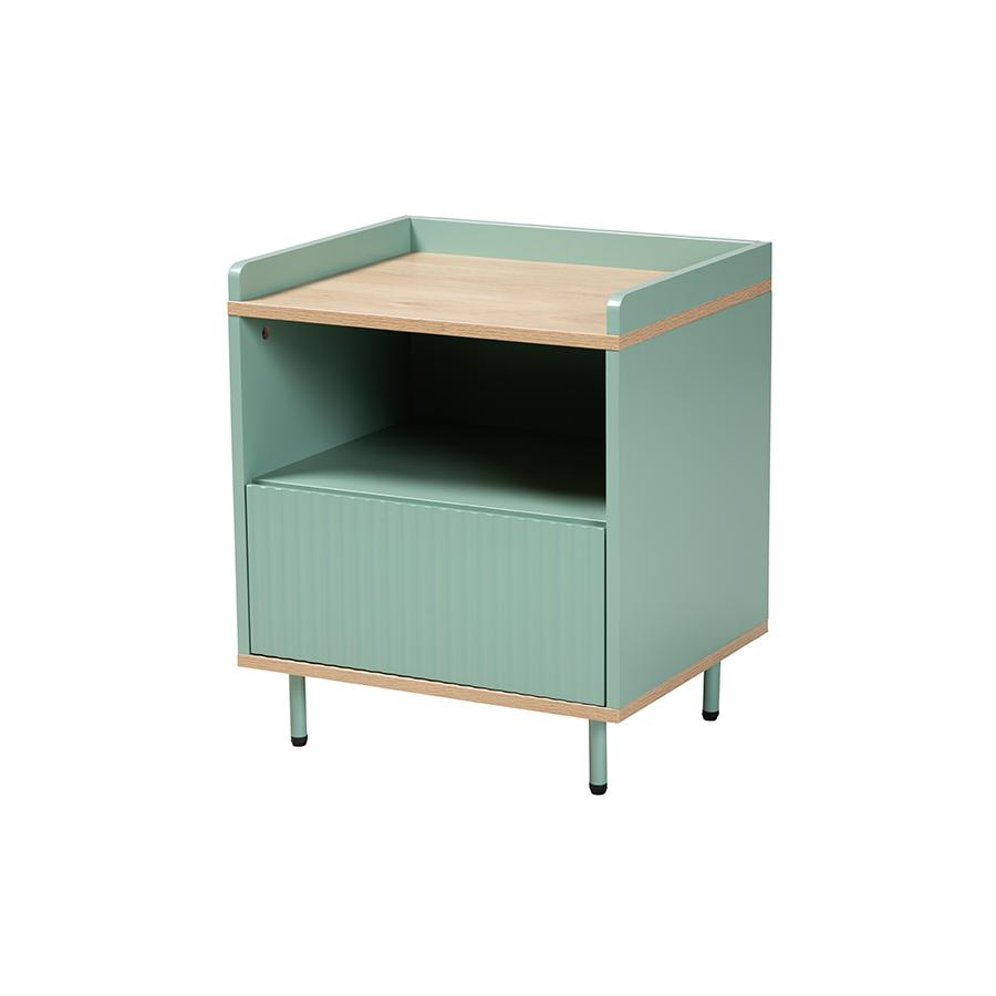 Baxton Studio Tavita Mid-Century Modern Two-Tone Mint Green and Oak Brown Finished Wood 1-Drawer Nightstand. Picture 2