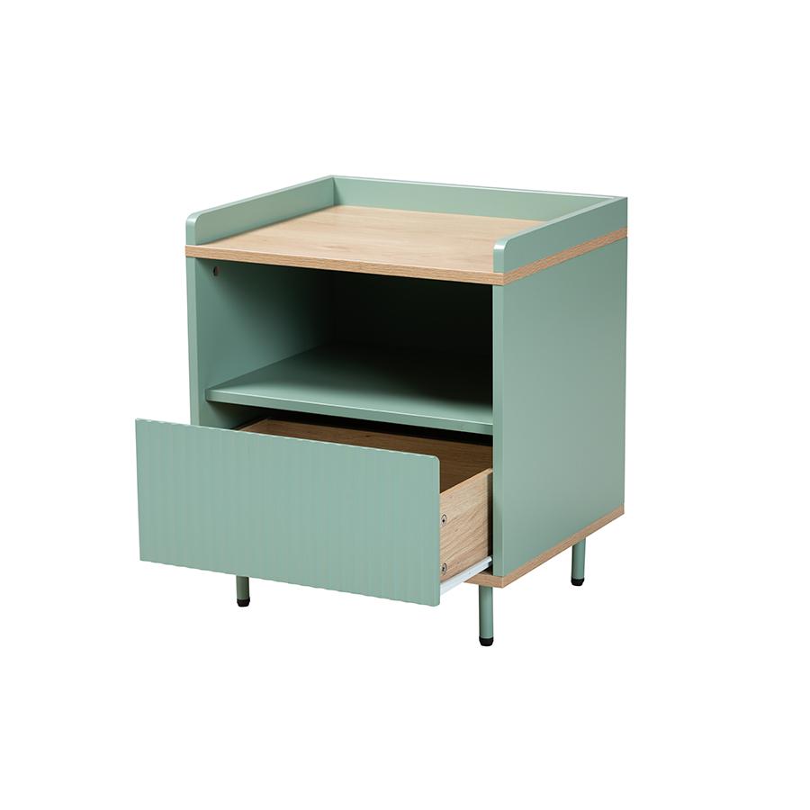 Baxton Studio Tavita Mid-Century Modern Two-Tone Mint Green and Oak Brown Finished Wood 1-Drawer Nightstand. Picture 3