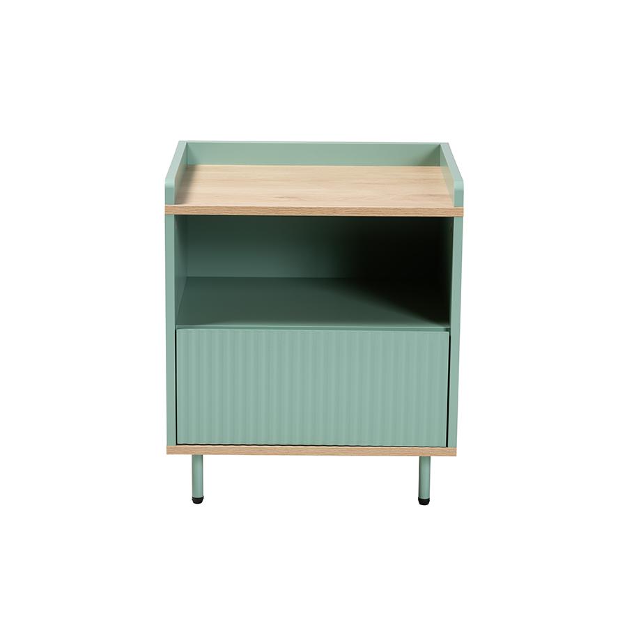 Baxton Studio Tavita Mid-Century Modern Two-Tone Mint Green and Oak Brown Finished Wood 1-Drawer Nightstand. Picture 4