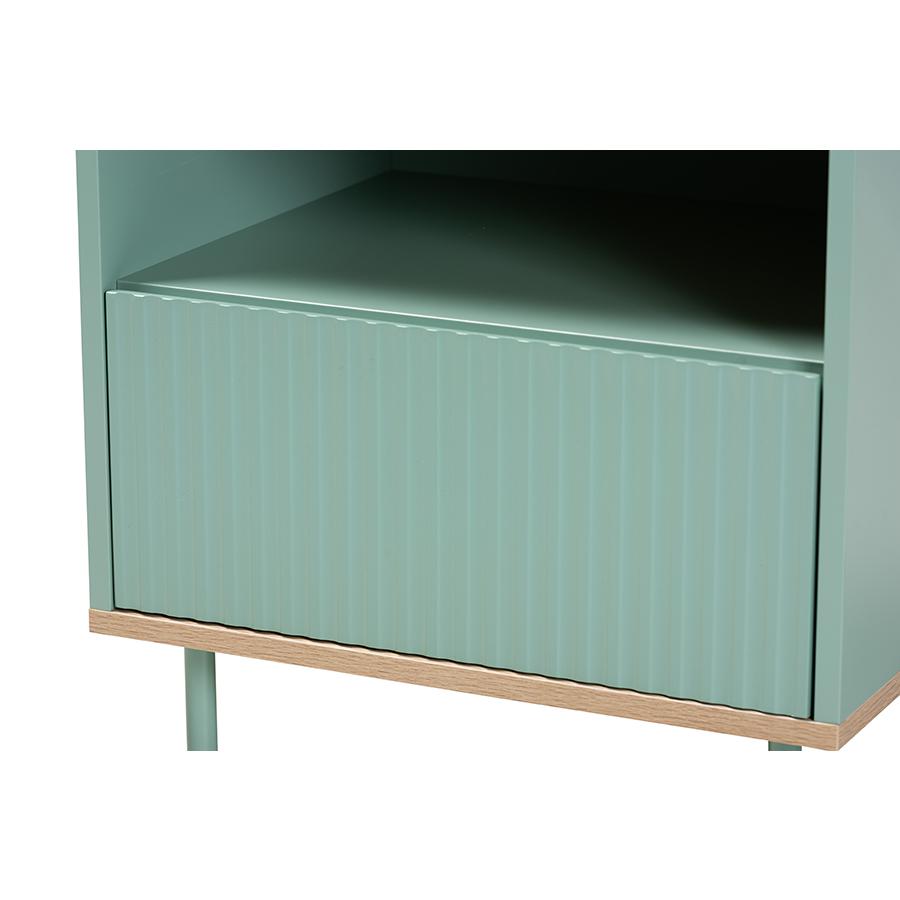 Baxton Studio Tavita Mid-Century Modern Two-Tone Mint Green and Oak Brown Finished Wood 1-Drawer Nightstand. Picture 6