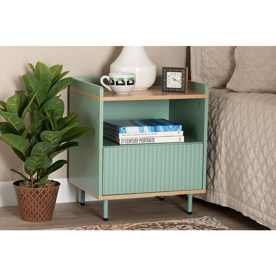Baxton Studio Tavita Mid-Century Modern Two-Tone Mint Green and Oak Brown Finished Wood 1-Drawer Nightstand. Picture 1