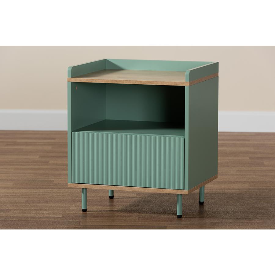 Baxton Studio Tavita Mid-Century Modern Two-Tone Mint Green and Oak Brown Finished Wood 1-Drawer Nightstand. Picture 10