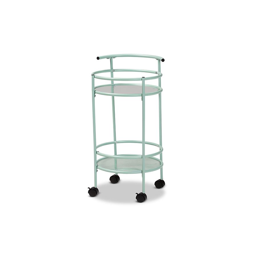 Newell Mid-Century Modern Mint Green Finished Metal 2-Tier Kitchen Cart. Picture 1
