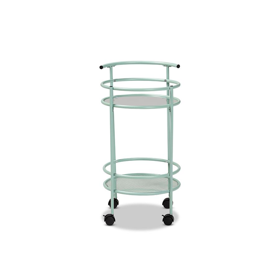 Newell Mid-Century Modern Mint Green Finished Metal 2-Tier Kitchen Cart. Picture 2