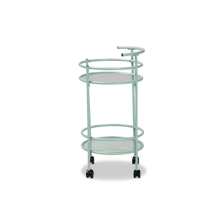 Newell Mid-Century Modern Mint Green Finished Metal 2-Tier Kitchen Cart. Picture 3