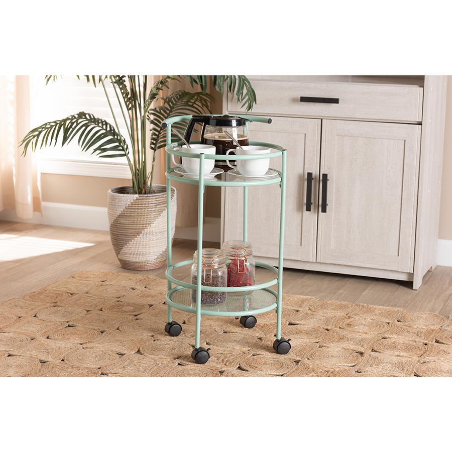 Newell Mid-Century Modern Mint Green Finished Metal 2-Tier Kitchen Cart. Picture 6