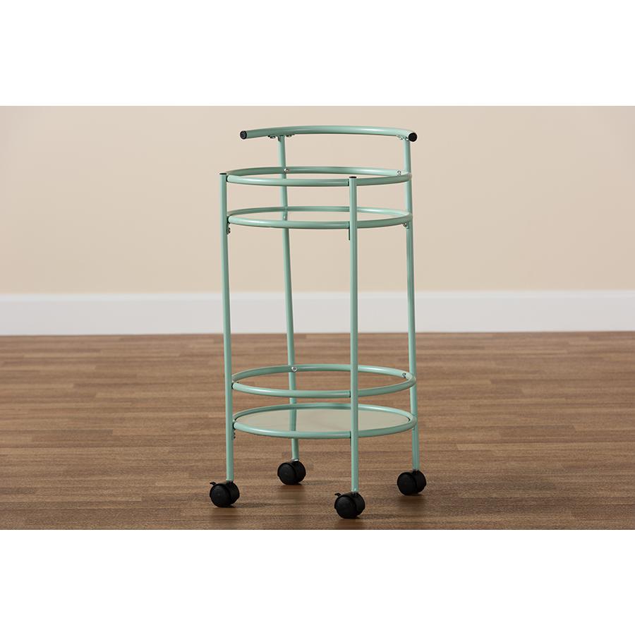 Newell Mid-Century Modern Mint Green Finished Metal 2-Tier Kitchen Cart. Picture 7
