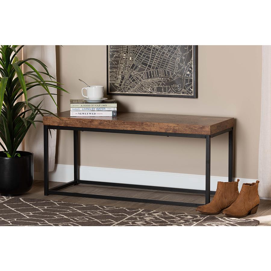 Bardot Modern Industrial Walnut Brown Finished Wood and Black Metal Accent Bench. Picture 6