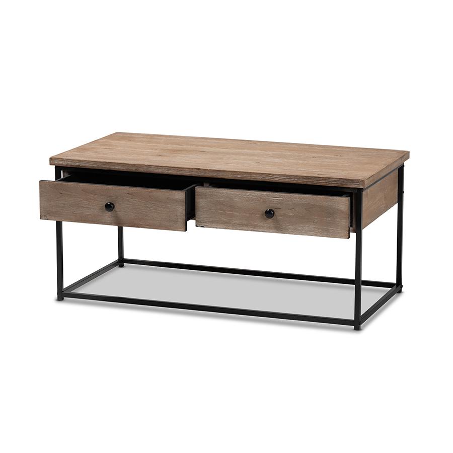 Weathered Oak Finished Wood and Black Metal 2-Drawer Coffee Table. Picture 2