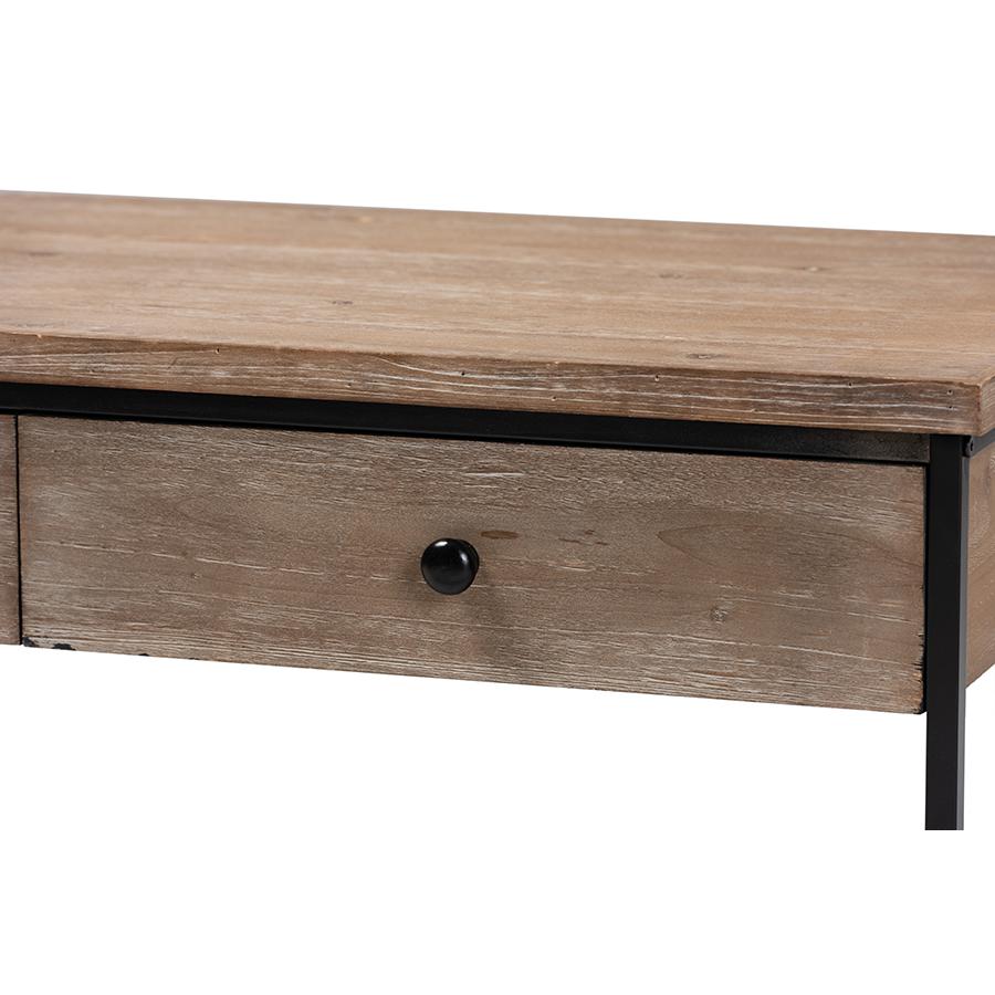 Weathered Oak Finished Wood and Black Metal 2-Drawer Coffee Table. Picture 5