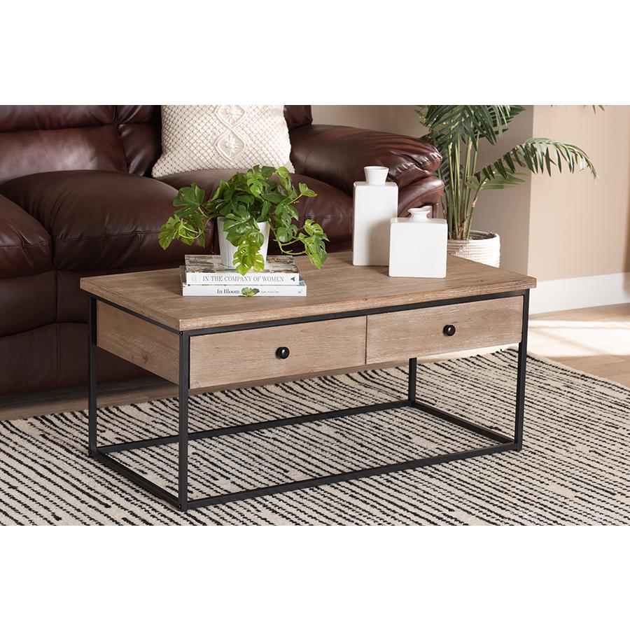 Weathered Oak Finished Wood and Black Metal 2-Drawer Coffee Table. Picture 8
