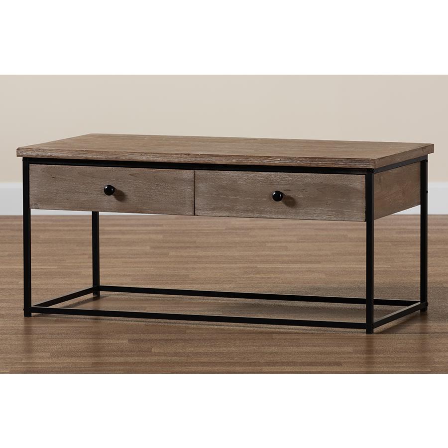 Weathered Oak Finished Wood and Black Metal 2-Drawer Coffee Table. Picture 9