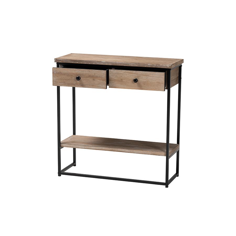 Industrial Natural Brown Finished Wood and Black Metal 2-Drawer Console Table. Picture 2