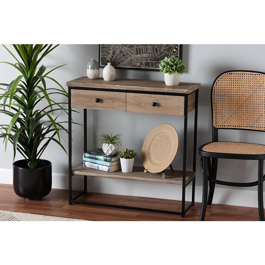 Industrial Natural Brown Finished Wood and Black Metal 2-Drawer Console Table. Picture 8