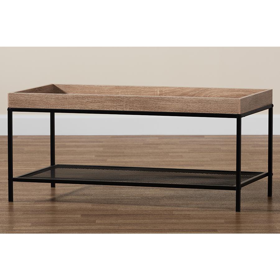 Overton Modern Industrial Oak Brown Finished Wood and Black Metal Coffee Table. Picture 7
