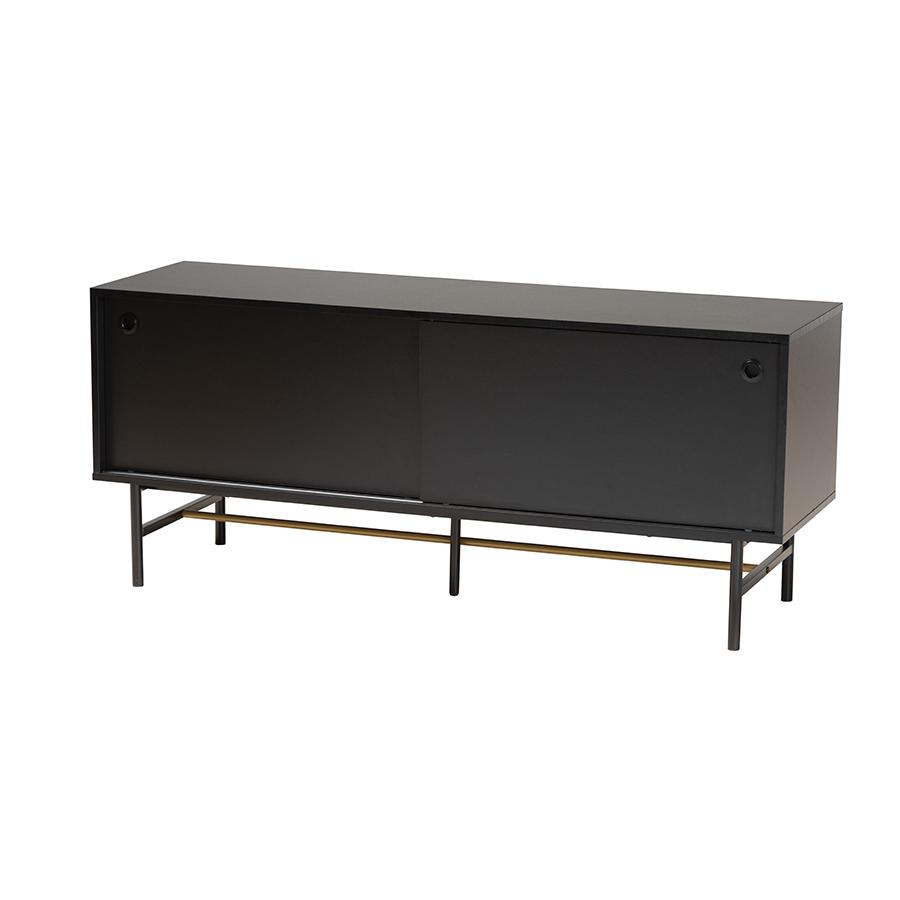 Dark Brown Finished Wood and Two-Tone Black and Gold Metal TV Stand. Picture 1